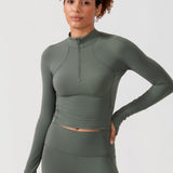 CRZ YOGA Women's Half Zip Long Sleeve Cropped Top Black