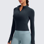 CRZ YOGA Women's Half Zip Long Sleeve Cropped Top Black