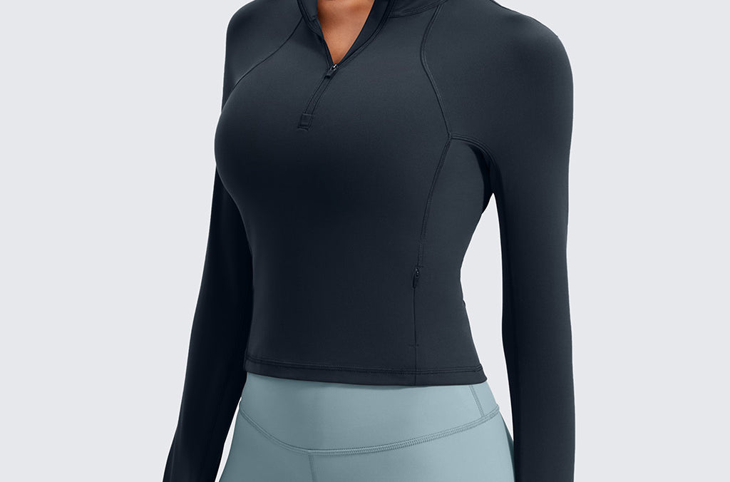CRZ YOGA Women's Half Zip Long Sleeve Cropped Top Black