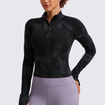 CRZ YOGA Women's Half Zip Long Sleeve Cropped Top White