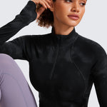 CRZ YOGA Women's Half Zip Long Sleeve Cropped Top Deep Red