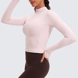 CRZ YOGA Women's Half Zip Long Sleeve Cropped Top Pink Peony